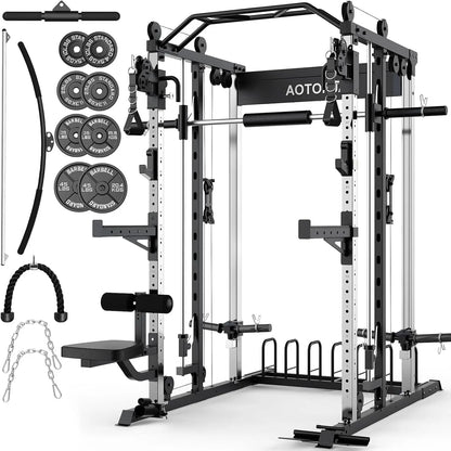 Sturdy Heavy-Duty Steel Smith Machine Power Cage - Adjustable Multifunctional Home Gym Station with LAT Pulldown System, Cable Crossover, Multifunctional Squat Rack, Squat Workout Machine, Strength Training Accessory for Full-Body Training, Workout Equipm