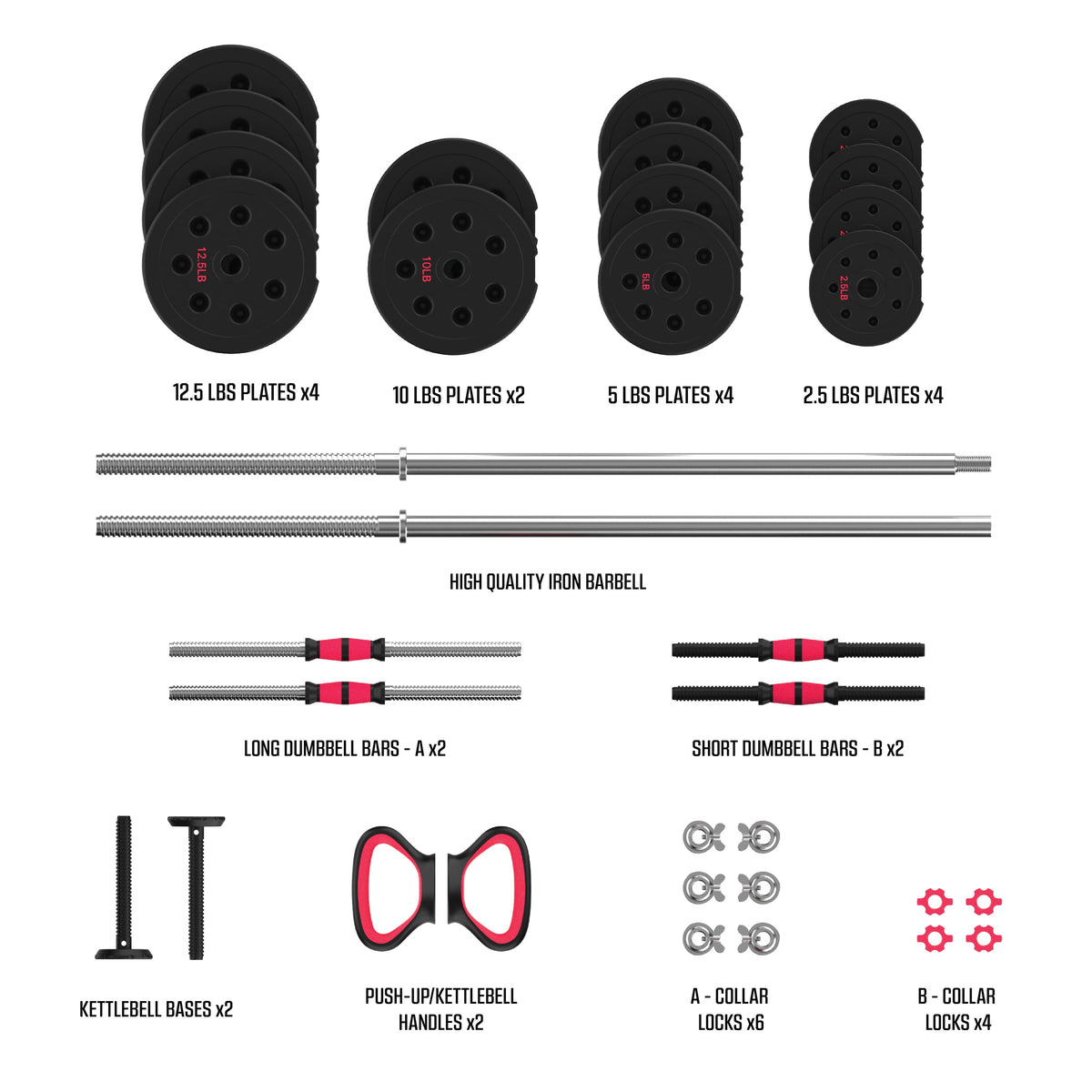 Smartbell Gym, 100Lbs. Adjustable Dumbbells, Kettlebells and Barbell Weight Set, Metal Barbell