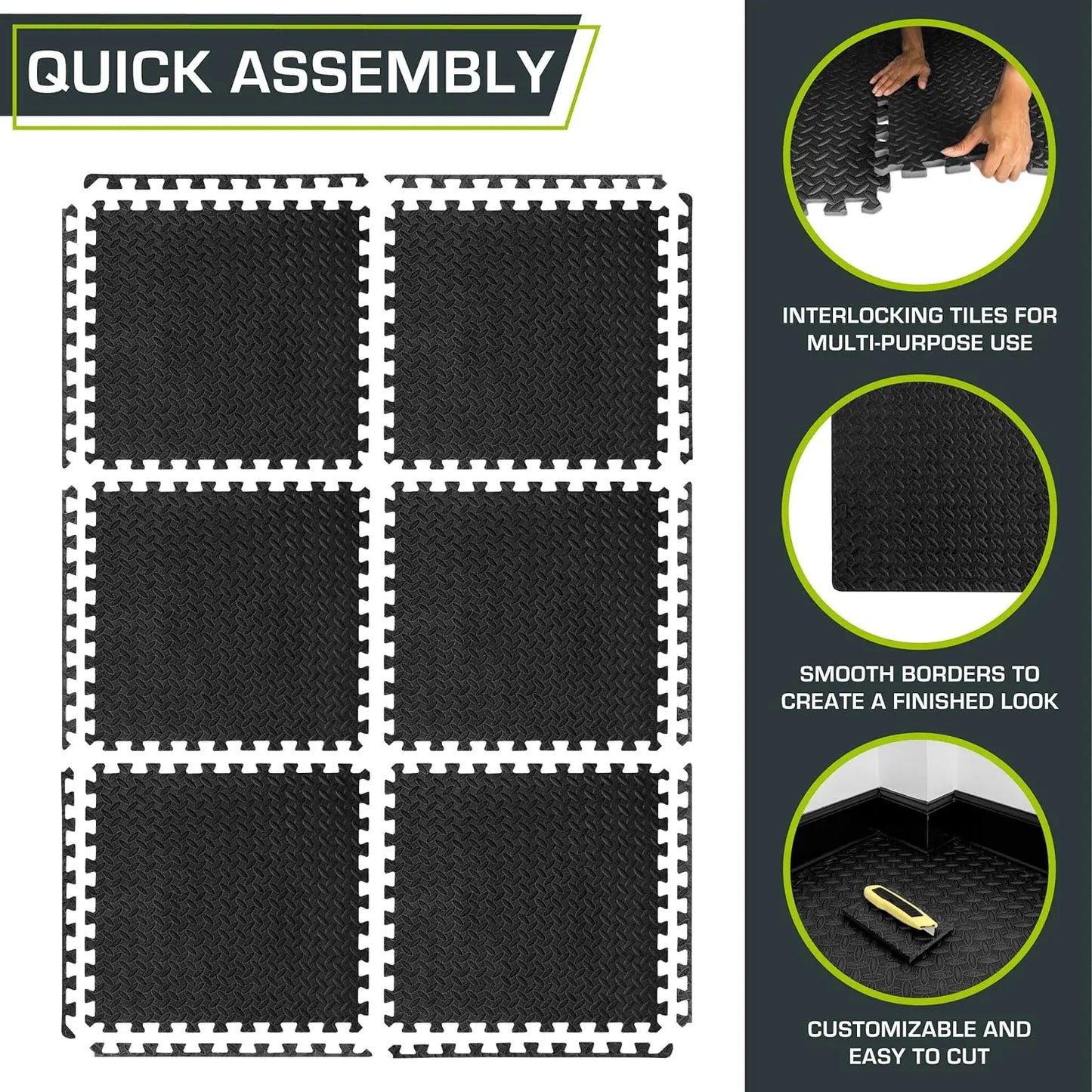 Foam Floor Tiles for Home Gym, Mat for Home Workout Equipment, Floor Padding for Kids, Black