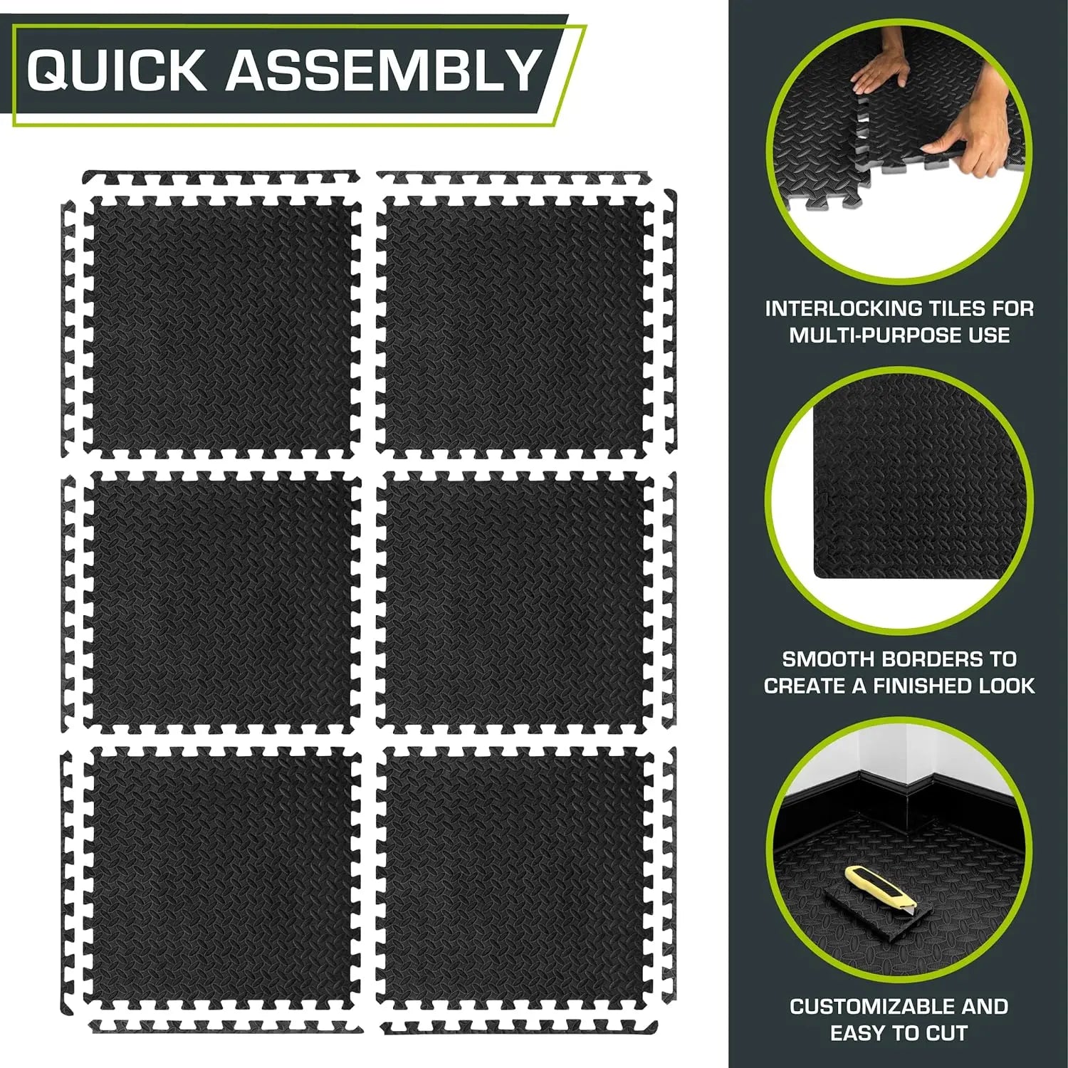 Foam Floor Tiles for Home Gym, Mat for Home Workout Equipment, Floor Padding for Kids, Black