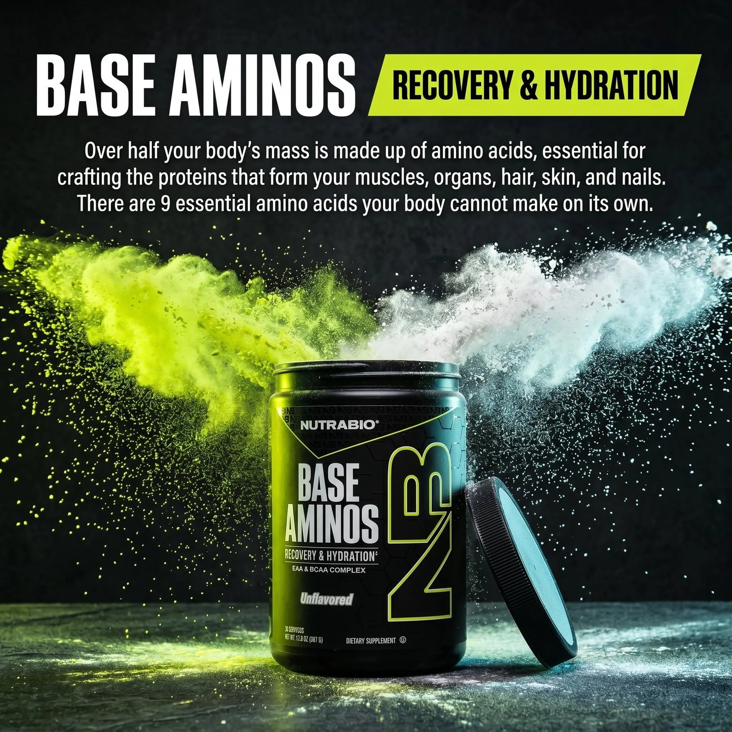 Base Aminos EAA + BCAA Powder –10G Essential Amino Acids Supplement, 6G 2:1:1 Bcaas, 2.8G Hydration Matrix with Electrolytes & Absorption Enhancer Astragin® – 30 Servings- Unflavored