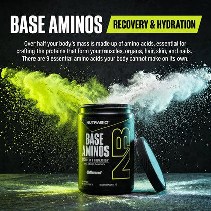 Base Aminos EAA + BCAA Powder –10G Essential Amino Acids Supplement, 6G 2:1:1 Bcaas, 2.8G Hydration Matrix with Electrolytes & Absorption Enhancer Astragin® – 30 Servings- Unflavored