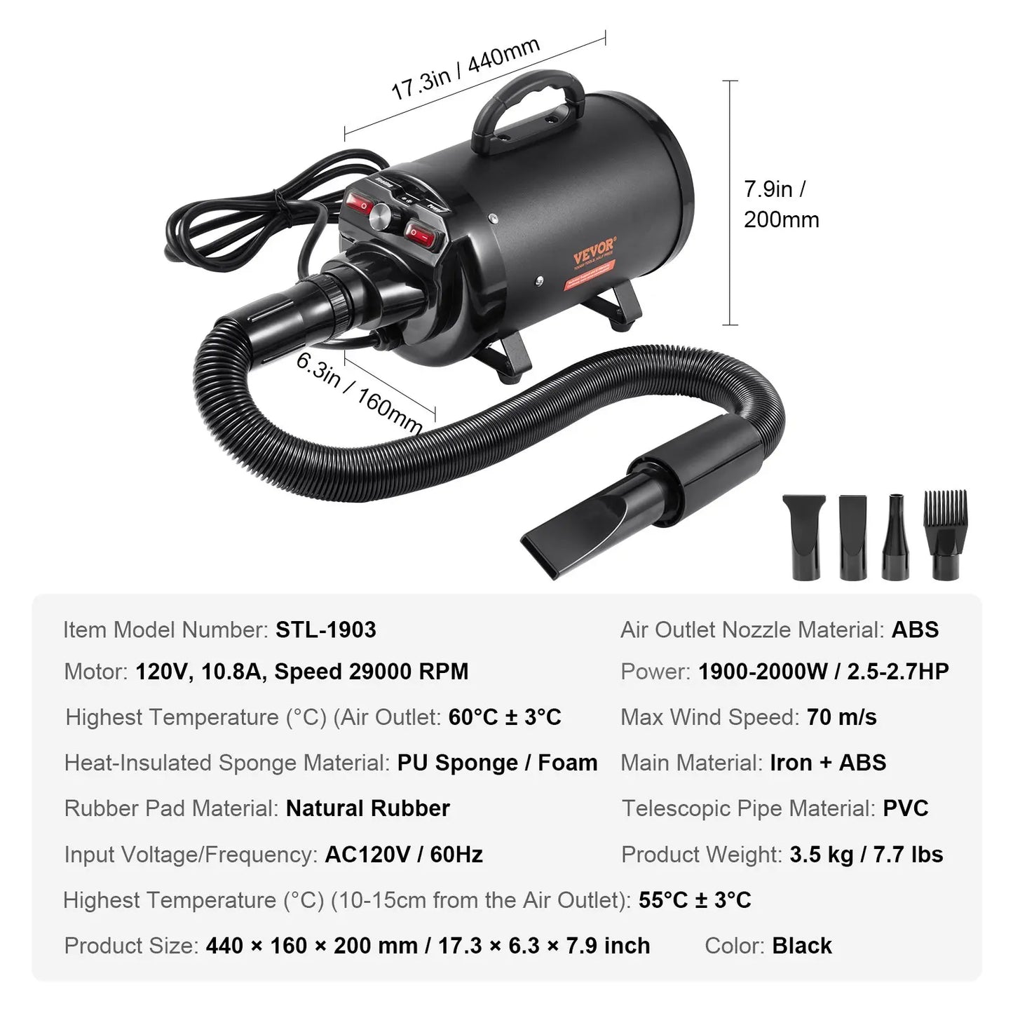 【Fathersdaygift】Vevor Dog Dryer2000W/2.7Hp Dog Blow Dryerpet Grooming Dryer with Adjustable Speed and Temperature Controlpet Hair Dryer with 4 Nozzles and Extendable Hoseblack