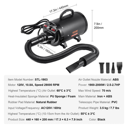 【Fathersdaygift】Vevor Dog Dryer2000W/2.7Hp Dog Blow Dryerpet Grooming Dryer with Adjustable Speed and Temperature Controlpet Hair Dryer with 4 Nozzles and Extendable Hoseblack
