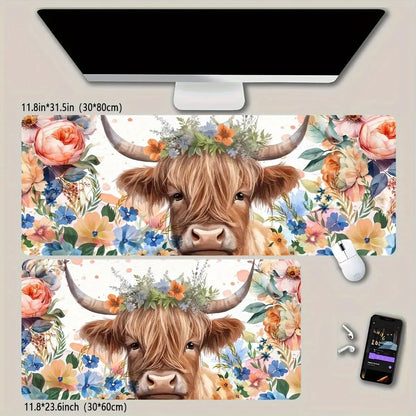 Cow & Floral Pattern Extended Mouse Pad, Extended Mousepad, Durable & Washable Mouse Pad, Large Gaming Mouse Mat with Non-Slip Rubber Base for Gamers, Office, Study, Desk Accessories