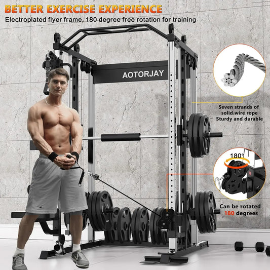 Sturdy Heavy-Duty Steel Smith Machine Power Cage - Adjustable Multifunctional Home Gym Station with LAT Pulldown System, Cable Crossover, Multifunctional Squat Rack, Squat Workout Machine, Strength Training Accessory for Full-Body Training, Workout Equipm