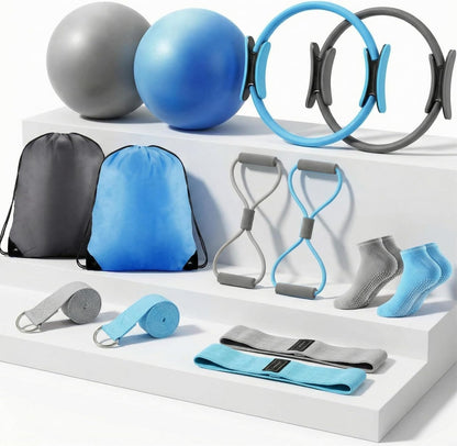 Pilates Equipment Kit for Home Workout Pilates Ring and Ball Set for Women 12'' Circle Yoga Fitness Essentials Kit with Resistance Bands, Yoga Strap, Socks,Bag