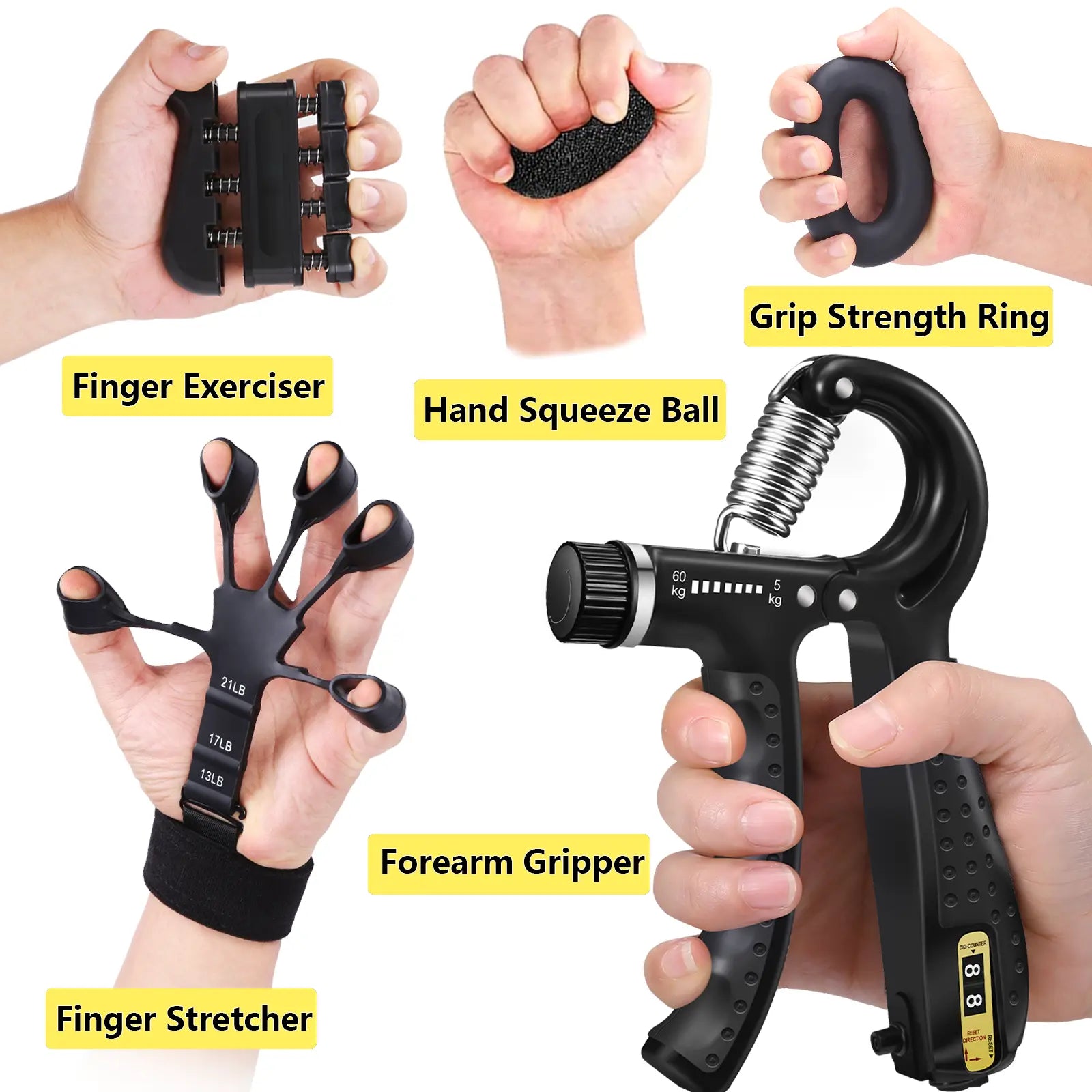 Grip Strength Trainer Kit 5 - Adjustable Hand Grip Strengthener (11-132 Lbs) and Finger Stretcher, Finger Exerciser, Forearm Workout Ring, Stress Ball, Gifts for Muscle Building & Injury Recovery Athletes & Musicians Forearm Strengthener Veins, Grip Stre