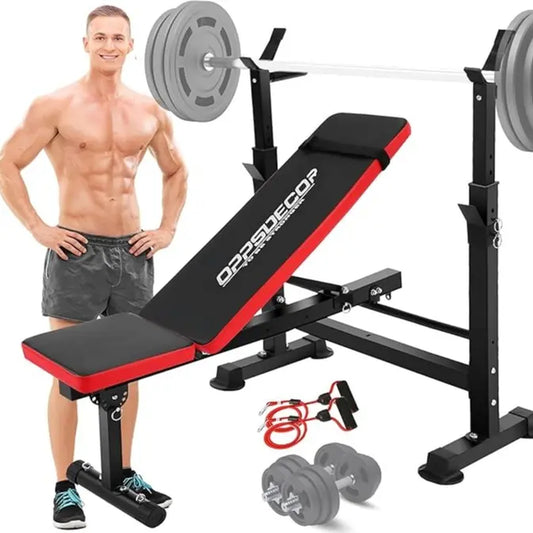 OPPSDECOR Olympic Adjustable Workout Bench - Multifunctional Bench with Lifting Free-Weight Rack, Barbell Pad, Hip Abduction Machine, Vibration Plate - Steel Frame Fitness Equipment, Space Saver for Full Body Home Gym Workouts, Adjustable Workout Benches