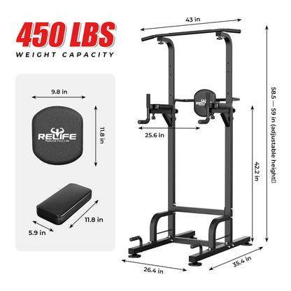 Relifesports 450LBS Power Tower Multi-Function Dip Station, Pull-Up Station & Push-Up Station Adjustable Workout Equipment for Home Full Body Training