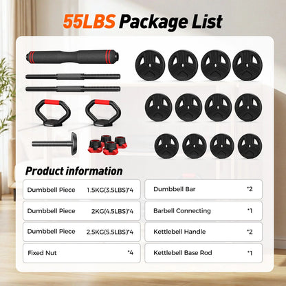 Adjustable Dumbbells, 55Lbs Free Weight Set with Connector, 5 In1 Dumbbells Set as Barbell, Kettlebells, Push up Stand, Fitness Exercises for Home Gym Suitable Men/Women