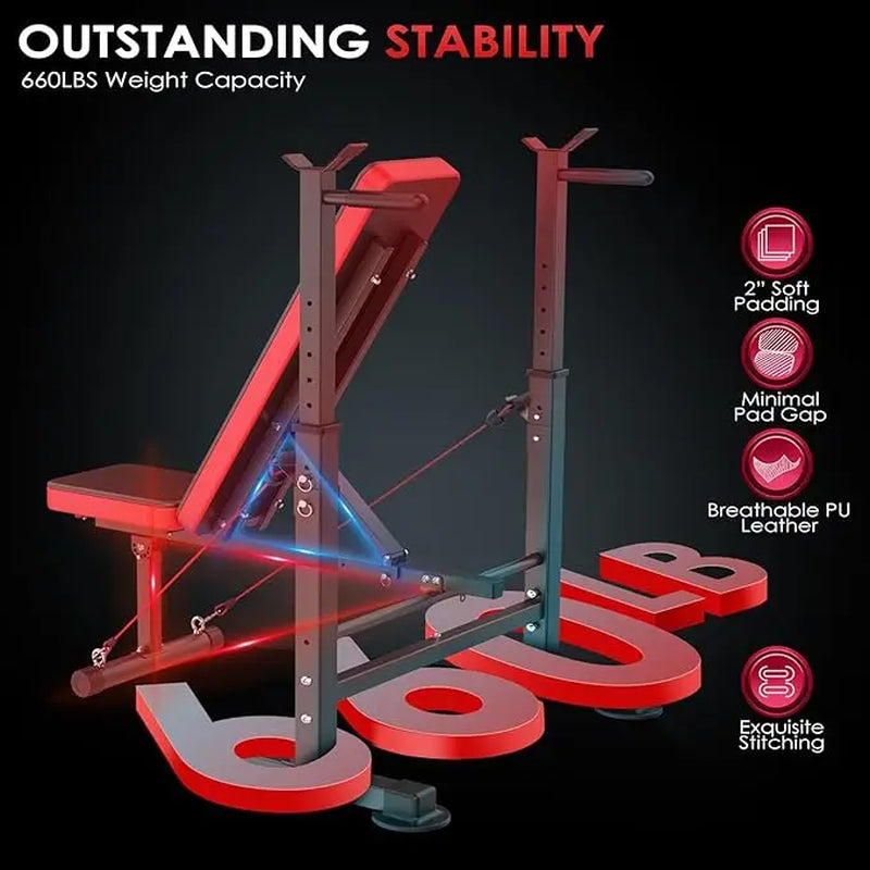 OPPSDECOR Olympic Adjustable Workout Bench - Multifunctional Bench with Lifting Free-Weight Rack, Barbell Pad, Hip Abduction Machine, Vibration Plate - Steel Frame Fitness Equipment, Space Saver for Full Body Home Gym Workouts, Adjustable Workout Benches