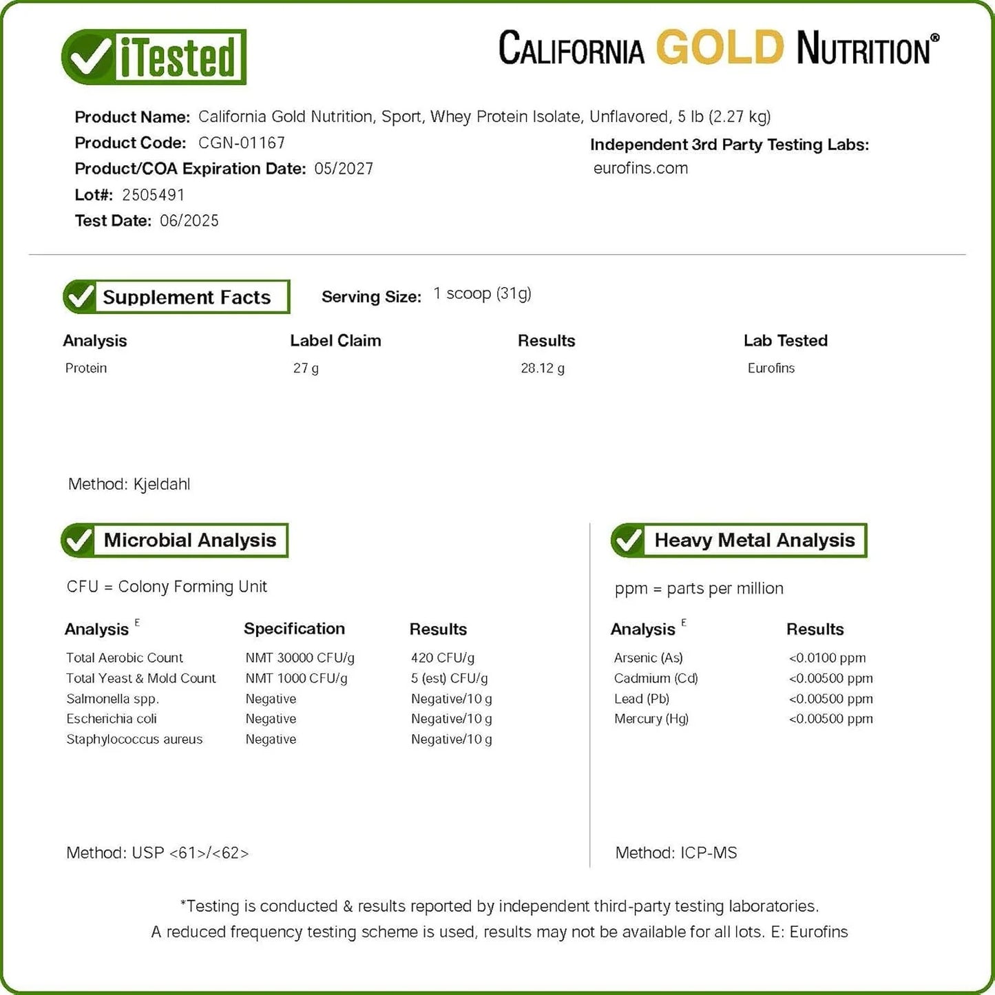 California Gold Nutrition Sport, Whey Protein Isolate, Unflavored, 1 Lb (454 G)