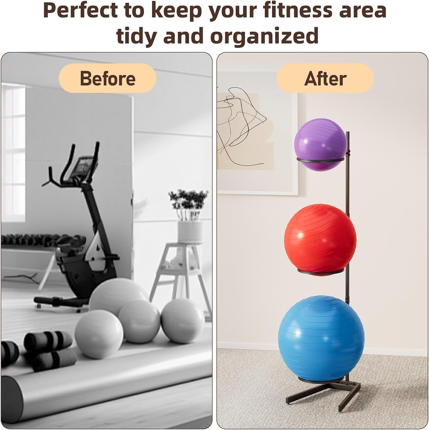 3 Tier Yoga Ball Holder Exercise Ball Stand | Vertical Stability Ball Rack Storage Tower Yoga Accessories Stand Workout Equipment for Home & Commercial Gym Organizer