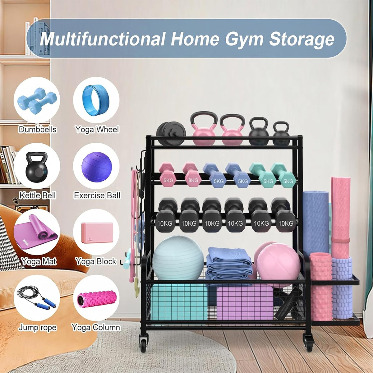 Dumbbell Rack,4-Tie Weight Rack for Dumbbells and Kettlebells, All-In-One Home Gym Storage Organizer with Wheels and Hooks, Steel Workout Equipment Storage for Yoga Mats and Exercise Balls, Black