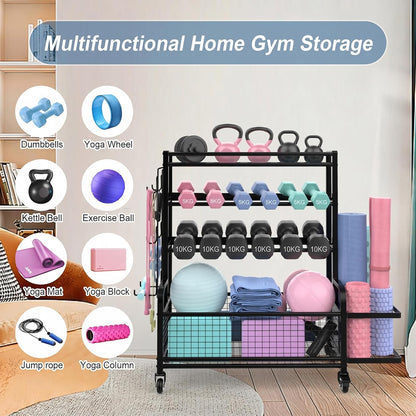 Dumbbell Rack,4-Tie Weight Rack for Dumbbells and Kettlebells, All-In-One Home Gym Storage Organizer with Wheels and Hooks, Steel Workout Equipment Storage for Yoga Mats and Exercise Balls, Black