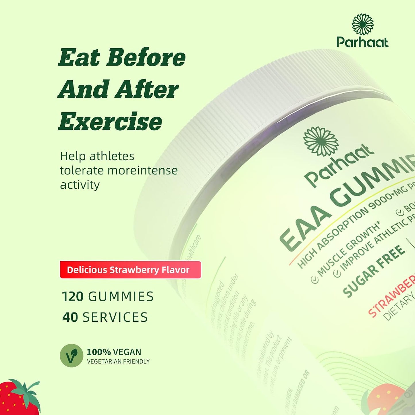 EAA Gummies 120 Gummies (Strawberry), Essential Amino Acids - All 9 Essential Aminos (EAA) and All Branched-Chain Aminos (Bcaas), Non-Gmo, Gluten Free, Vegetarian Friendly