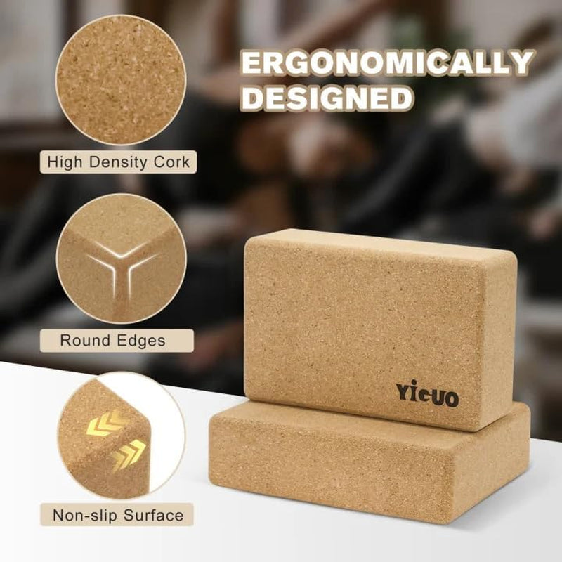 2 Pack Cork Yoga Blocks | Natural Eco-Friendly High Density Non-Slip Yoga Blocks for Women & Men | 9X6X3 Inches for Yoga, Pilates, Stretching