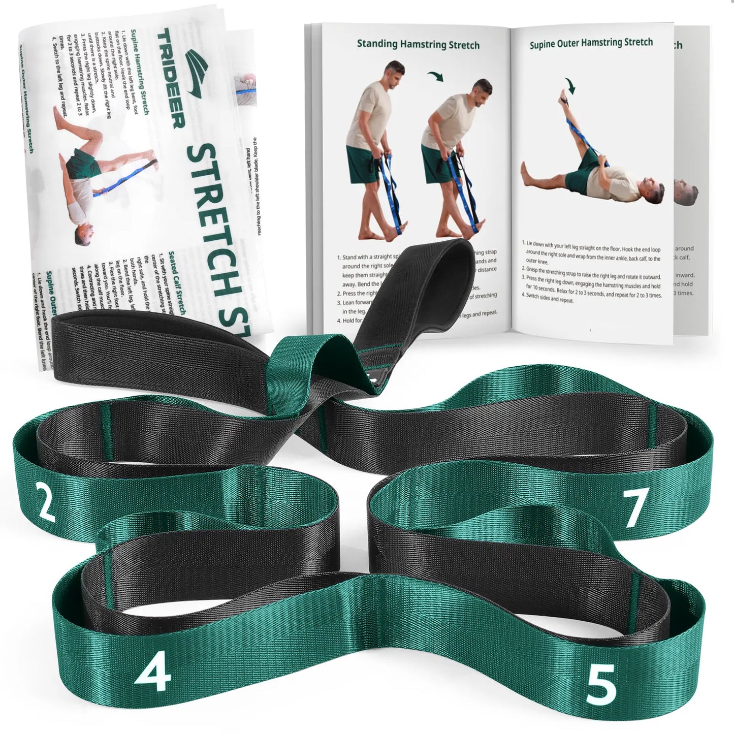Trideer Stretching Strap for Physical Therapy, Non-Elastic Yoga Strap with 10 Loops, Durable Nylon Stretch Bands for Rehabilitation, Exercise, Pilates, Leg Stretcher with Training Manual and Poster