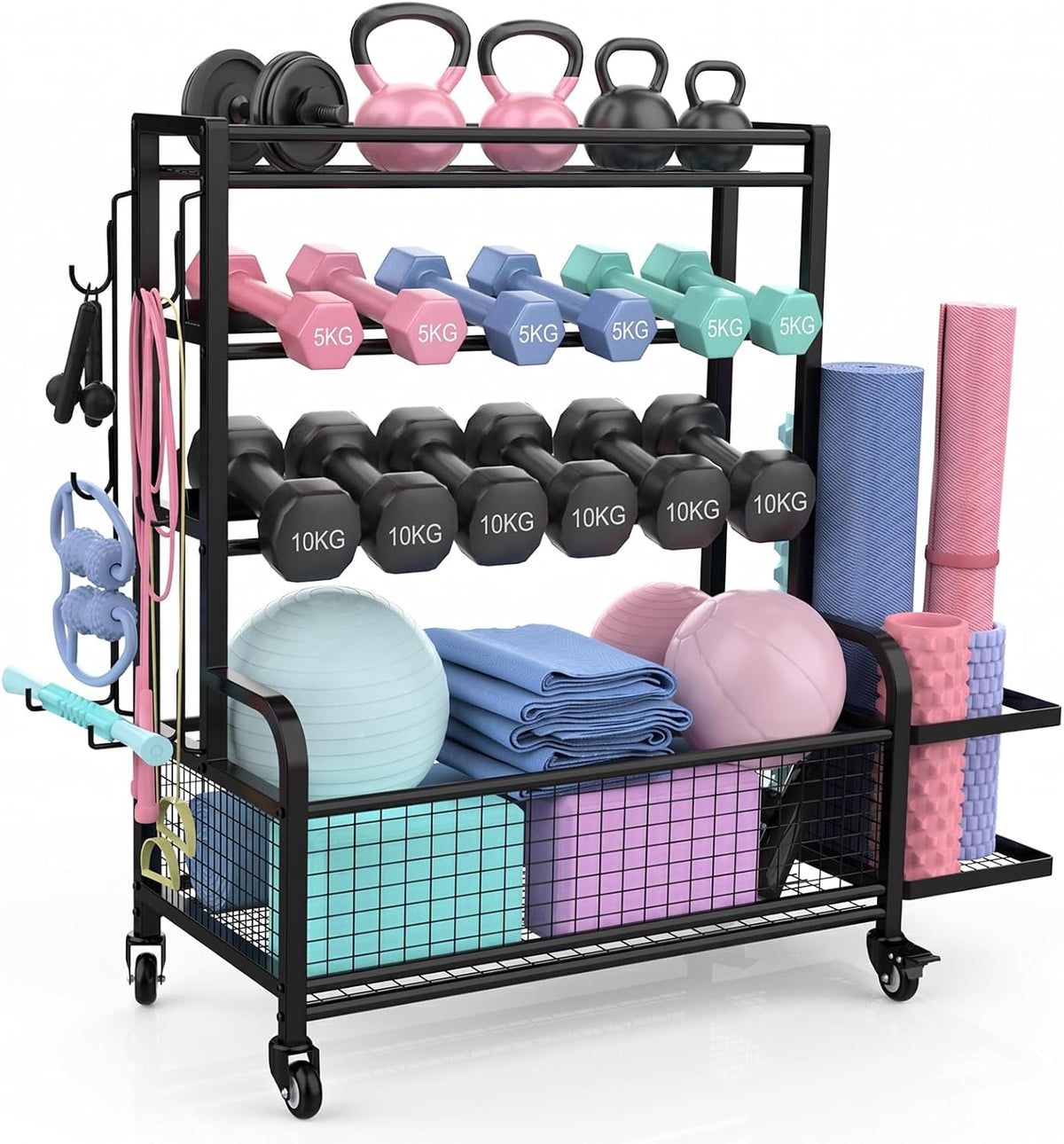 Dumbbell Rack,4-Tie Weight Rack for Dumbbells and Kettlebells, All-In-One Home Gym Storage Organizer with Wheels and Hooks, Steel Workout Equipment Storage for Yoga Mats and Exercise Balls, Black
