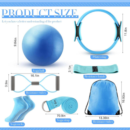 Pilates Equipment Kit for Home Workout Pilates Ring and Ball Set for Women 12'' Circle Yoga Fitness Essentials Kit with Resistance Bands, Yoga Strap, Socks,Bag
