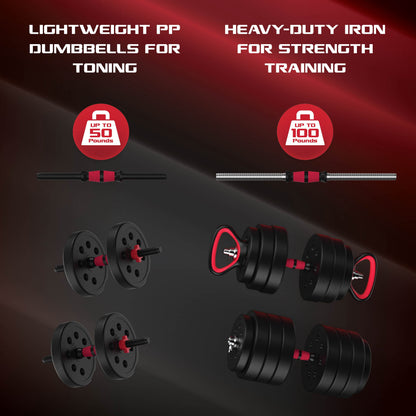 Smartbell Gym, 100Lbs. Adjustable Dumbbells, Kettlebells and Barbell Weight Set, Metal Barbell
