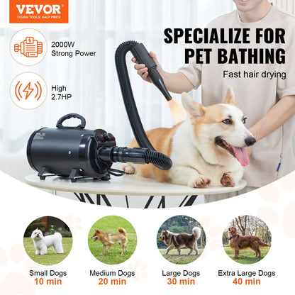 【Fathersdaygift】Vevor Dog Dryer2000W/2.7Hp Dog Blow Dryerpet Grooming Dryer with Adjustable Speed and Temperature Controlpet Hair Dryer with 4 Nozzles and Extendable Hoseblack