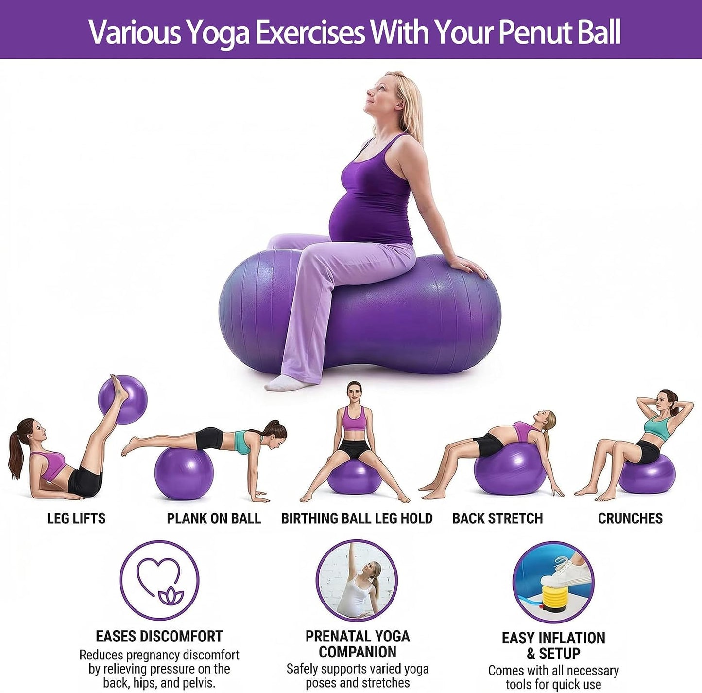 Peanut Ball for Kids Therapy,Anti-Burst Exercise Ball with Pump 90X45Cm Yoga Ball Gym Quality Fitness Ball for Pregnancy Birth Exercise Physical Therapy, for Child Training, Women, Men (Purple)