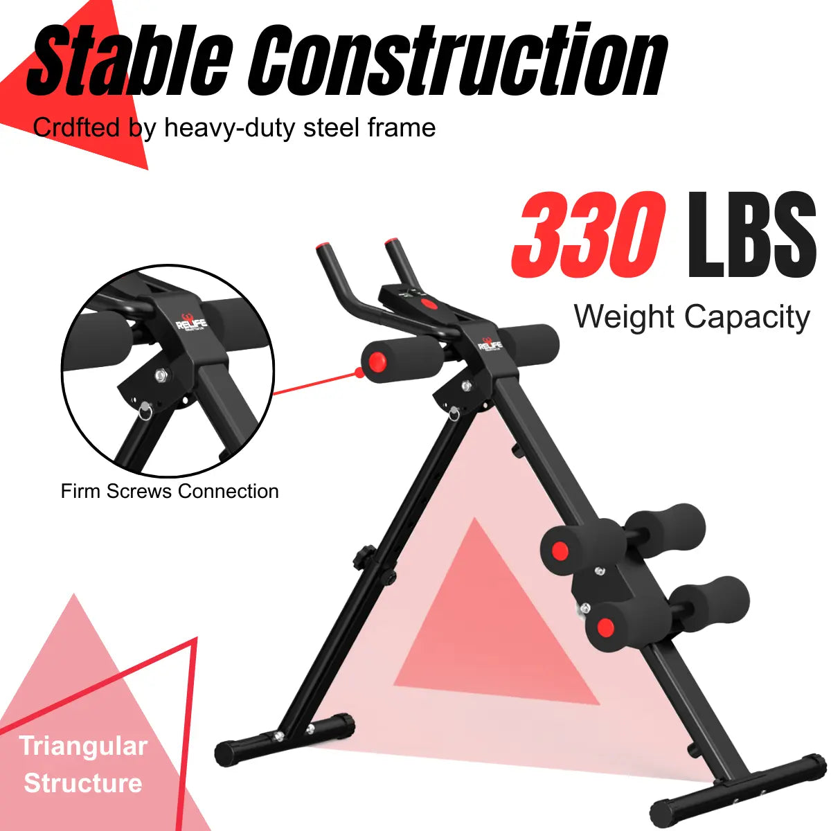 RELIFE Foldable Core Abdominal Trainer - Steel Frame Abs Workout Equipment, 3-Level Adjustable Strength Gear with Resistance Bands, Twist Function, Black & Pink at Home Gym Equipment (Max 440Lbs Core Training Support), Home Workout