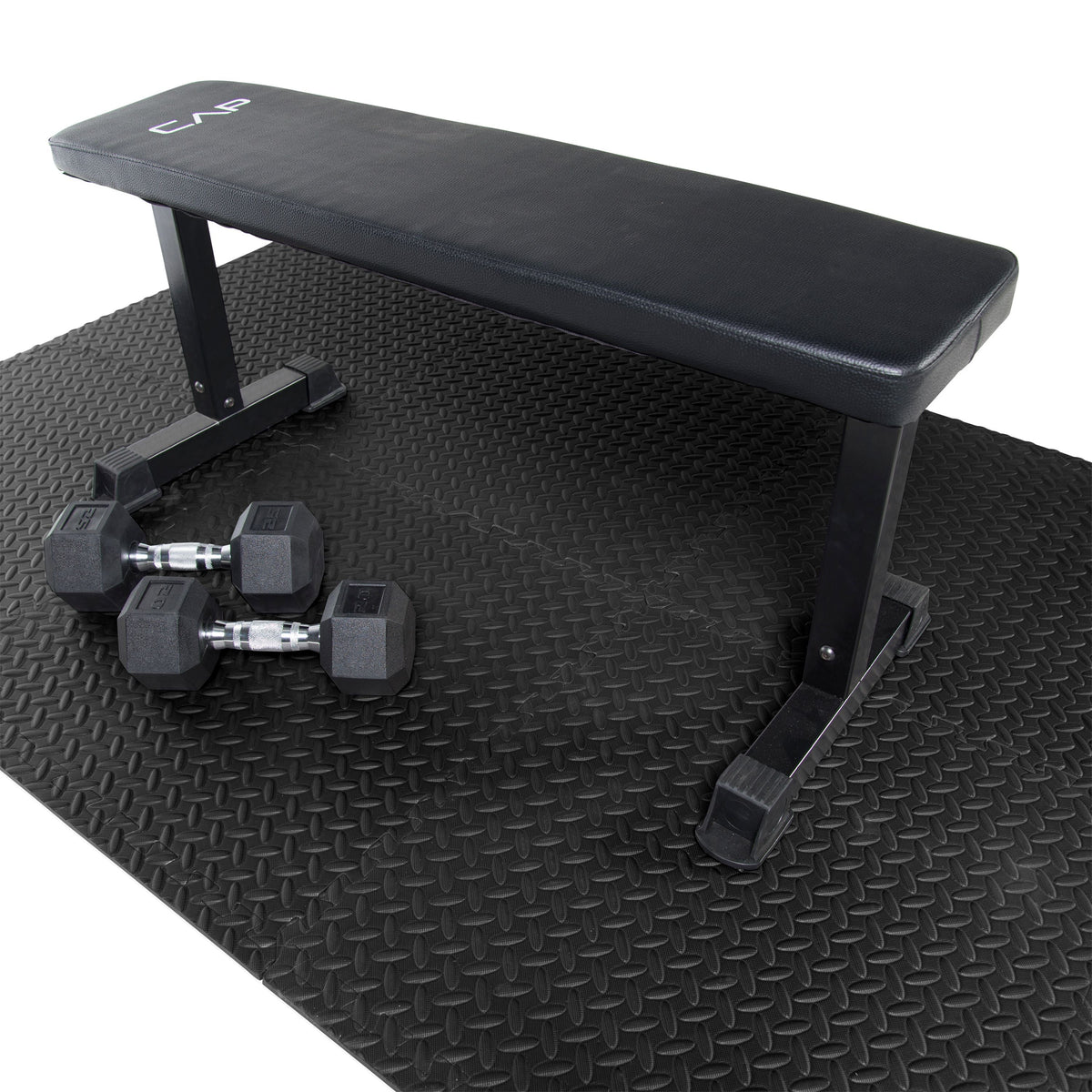 Barbell 1/2" Thick High Density 66"X43" Puzzle Black Exercise Mat 6-Piece Flooring Set