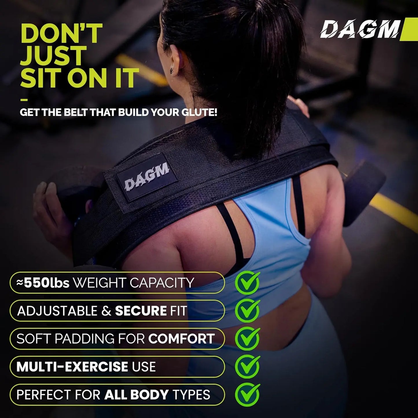 DAGM Hip Thrust Belt for Dumbbells Heavy, Secure Glute Trainer with Non-Slip Extra Padding That Protects Your Hips - Ideal for Gym & Home Workouts - Use with Heavy Duty Kettlebells, Dumbbells, & Plates Hold up to 500 Lbs