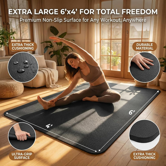 Large Yoga Mat 6'X 4'（72”X 48”）—1/4" &1/3" Extra Wide Exercise Mat 183Cm X 122Cm Large Exercise Mat Big Home Yoga Mat Pilates Mat,Non Slip,Thick,Tpe Workout Mat,For Women & Men, Yoga, Pilates, Gym and Floor Workouts Pilates