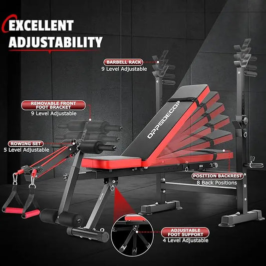 OPPSDECOR Olympic Adjustable Workout Bench - Multifunctional Bench with Lifting Free-Weight Rack, Barbell Pad, Hip Abduction Machine, Vibration Plate - Steel Frame Fitness Equipment, Space Saver for Full Body Home Gym Workouts, Adjustable Workout Benches
