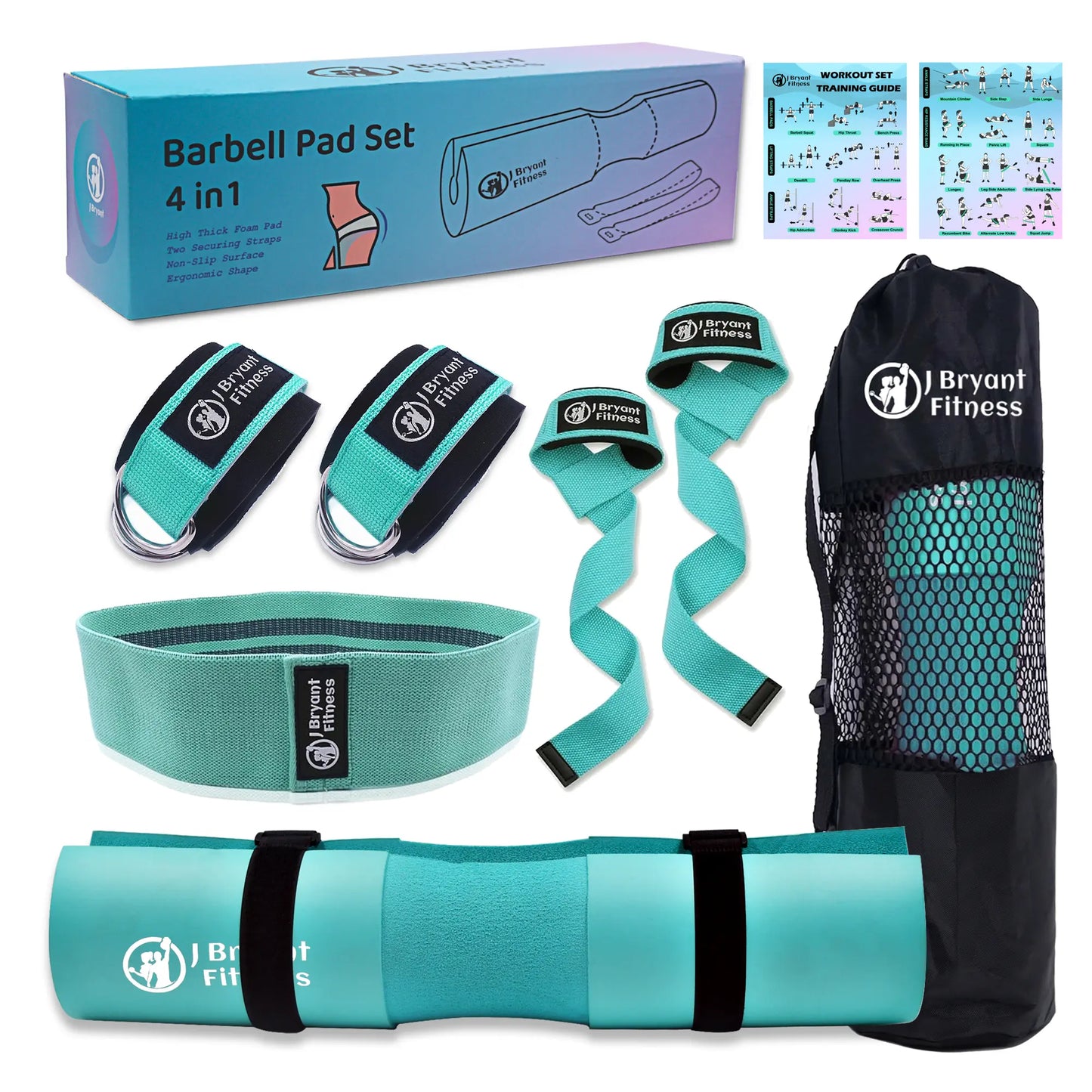 J Bryant Barbell Pad Set with 2 Ankle Straps - Thick Cushion Pad for Hip Thrusts, Squats, Bench Press, Home Gym Strength Training, Workout