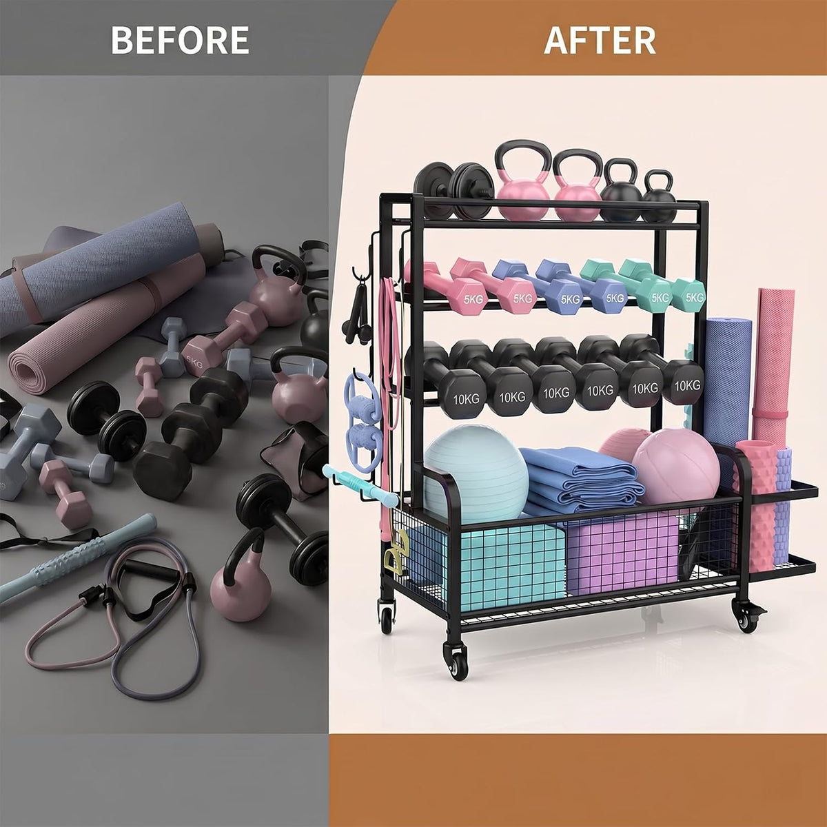 Dumbbell Rack,4-Tie Weight Rack for Dumbbells and Kettlebells, All-In-One Home Gym Storage Organizer with Wheels and Hooks, Steel Workout Equipment Storage for Yoga Mats and Exercise Balls, Black