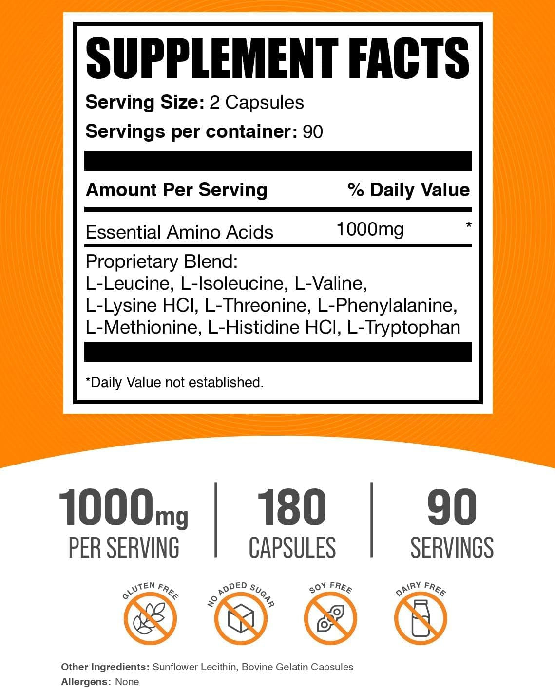 .Com Essential Amino Acids Capsules (EAA) - Amino Acids Supplement - Eaas Amino Acids - EAA Capsules - 1000 Mg Serving - 90 Day Supply (180 Gelatin Capsules)
