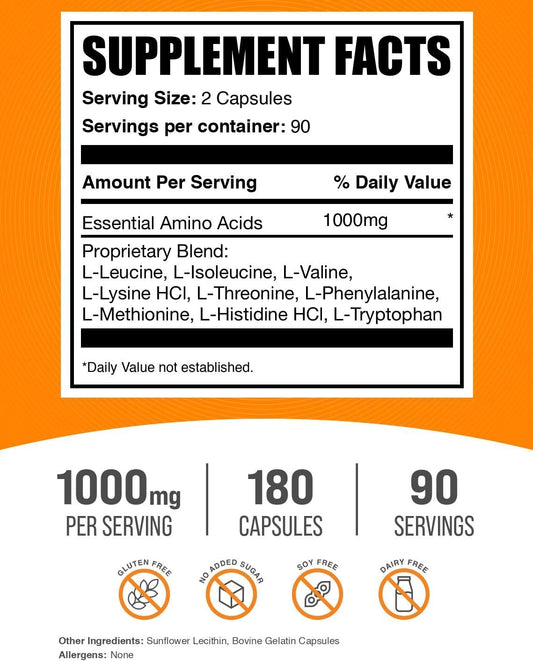 .Com Essential Amino Acids Capsules (EAA) - Amino Acids Supplement - Eaas Amino Acids - EAA Capsules - 1000 Mg Serving - 90 Day Supply (180 Gelatin Capsules)