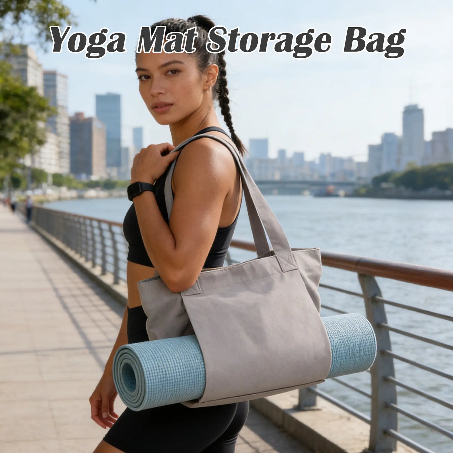 Women'S Gray Yoga Mat Carrier - 1 Count, Compact, Foldable, Durable, Fashionable Fitness Accessories, with Zipper Pockets, for Gym Workouts, Beach Trips, Yoga & Pilates, Casual Carry Convenient Storage