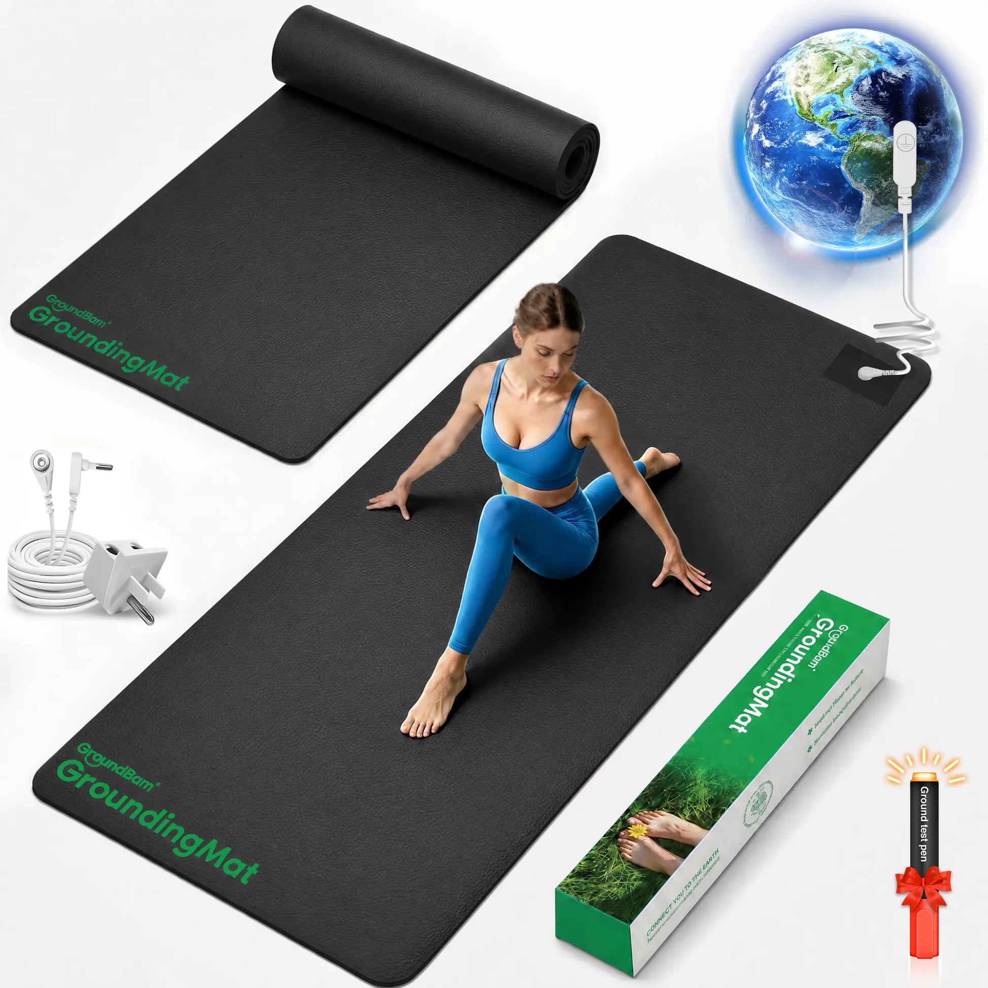 Groundbam Grounding Mat for Yoga, 72"×24" Large Grounding Yoga Mat, Black Non‑Slip PU Leather Grounding Mattress Earthing Pad with Grounding Cord, Grounding Mat for Sleep, Yoga, Pilates Bedroom & Office Use