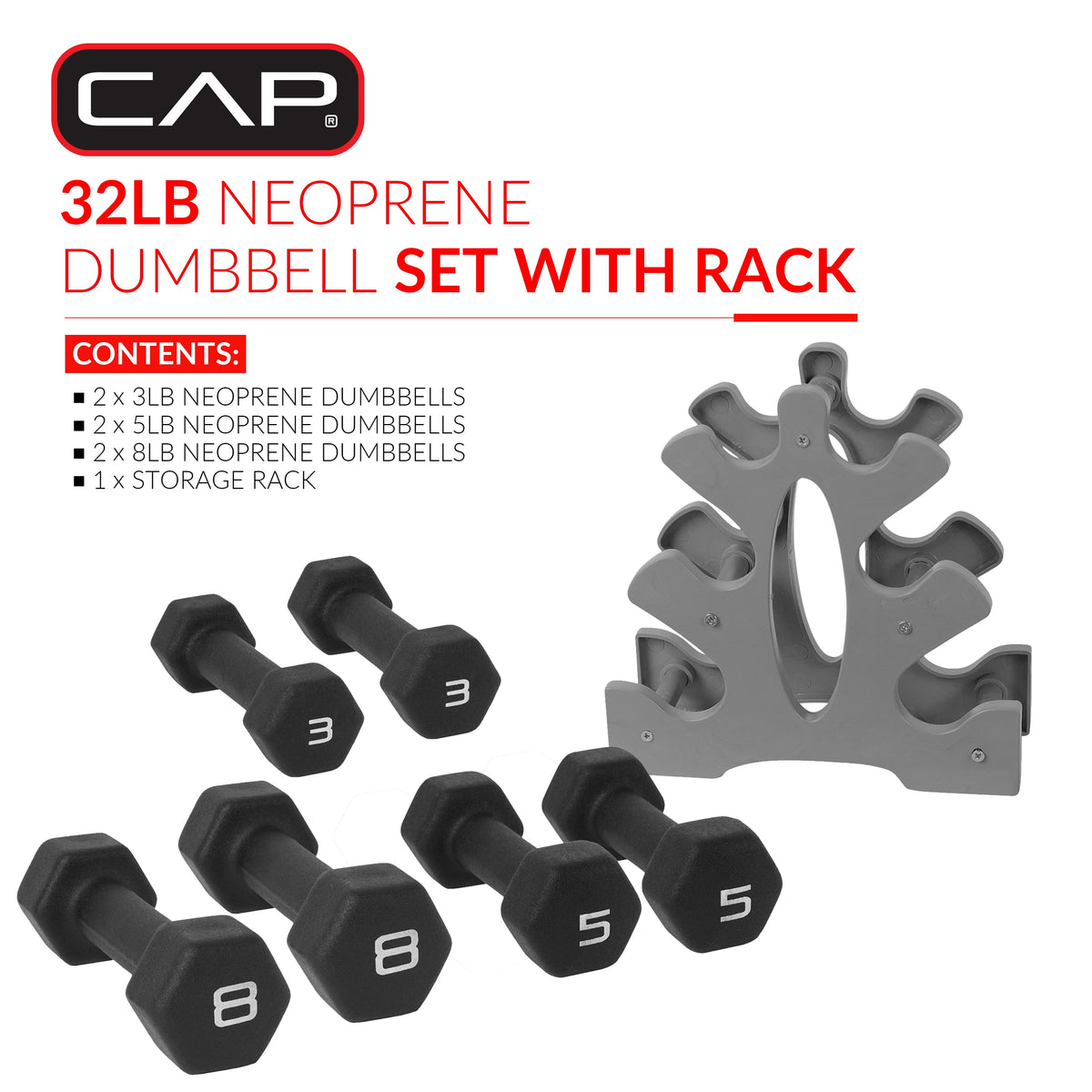 Barbell 32 Lb Neoprene Dumbbell Set with Rack, Black