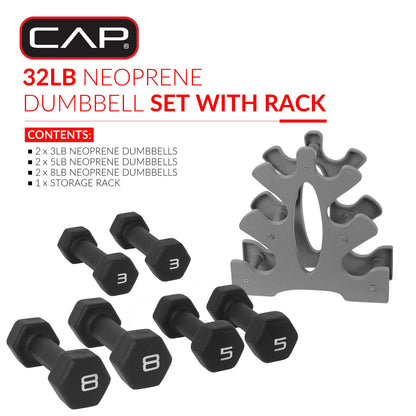 Barbell 32 Lb Neoprene Dumbbell Set with Rack, Black