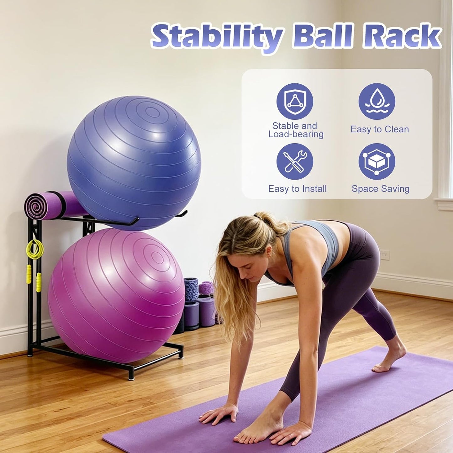 Exercise Ball Holder Stability Ball Rack with Hooks Space-Saving Medicine Ball Rack Garage Stability Ball Organizer Stand Home Gym Organizer and Storage Rack for Resistance Bands and Equipment