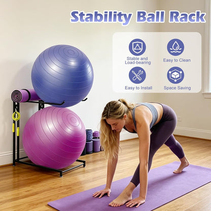 Exercise Ball Holder Stability Ball Rack with Hooks Space-Saving Medicine Ball Rack Garage Stability Ball Organizer Stand Home Gym Organizer and Storage Rack for Resistance Bands and Equipment
