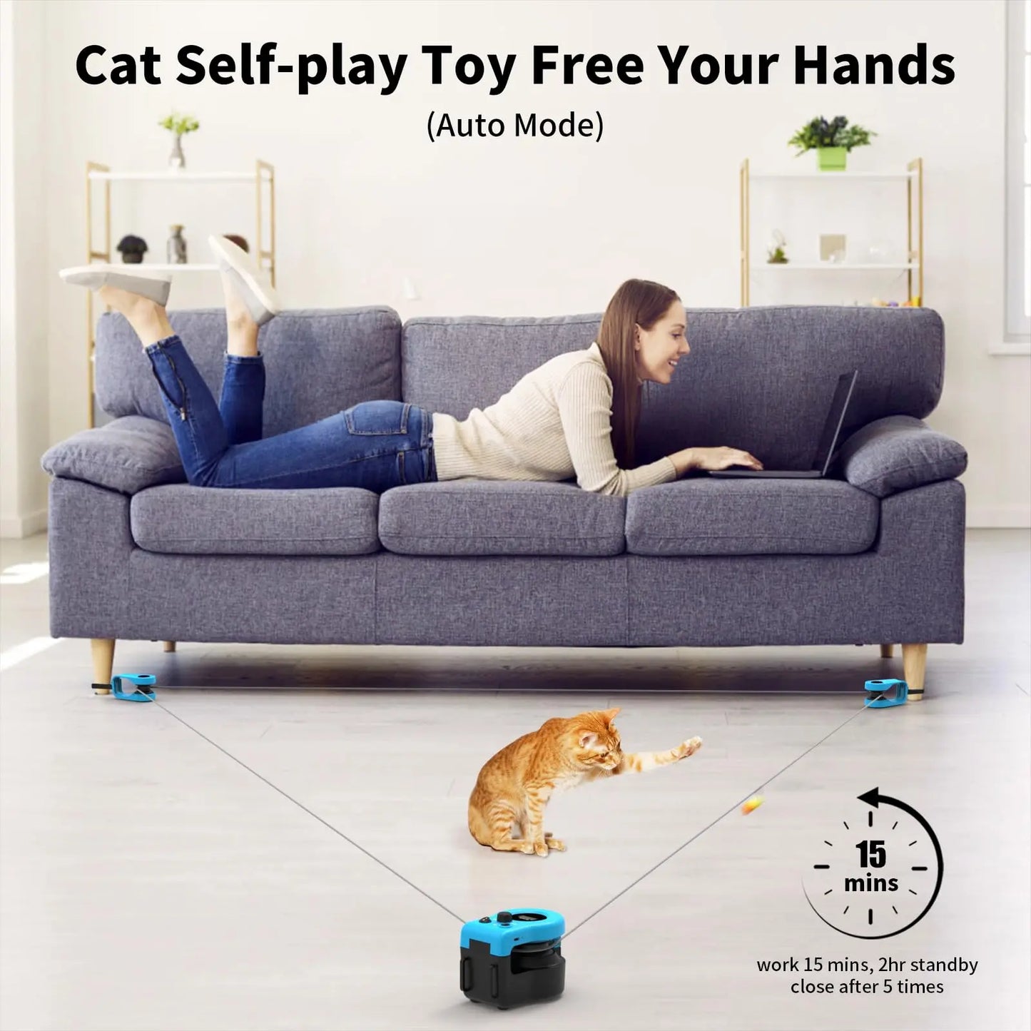 Asfrost Automatic Hands-Free Cat Teaser Toy - Interactive Indoor Cat Accessory with Remote, Auto Function, Feather Clip, DIY String, Moving Mouse Lure, USB-C Rechargeable for Bored Kittens Bore