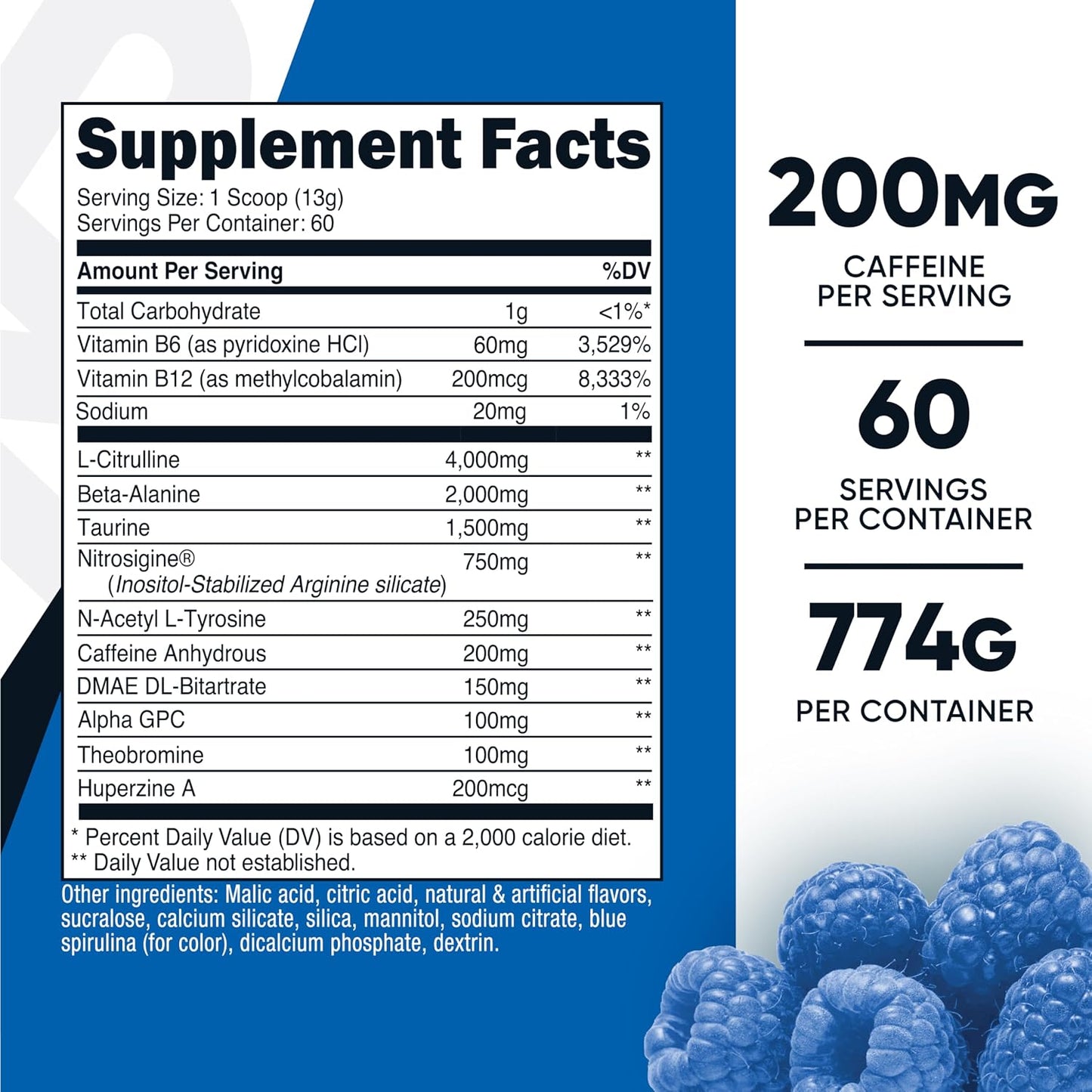 Pre-Workout Complex Powder (Blue Raspberry) 60 Servings | Pre-Workout Supplement with Beta-Alanine, Taurine and Amino Acids