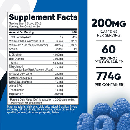 Pre-Workout Complex Powder (Blue Raspberry) 60 Servings | Pre-Workout Supplement with Beta-Alanine, Taurine and Amino Acids