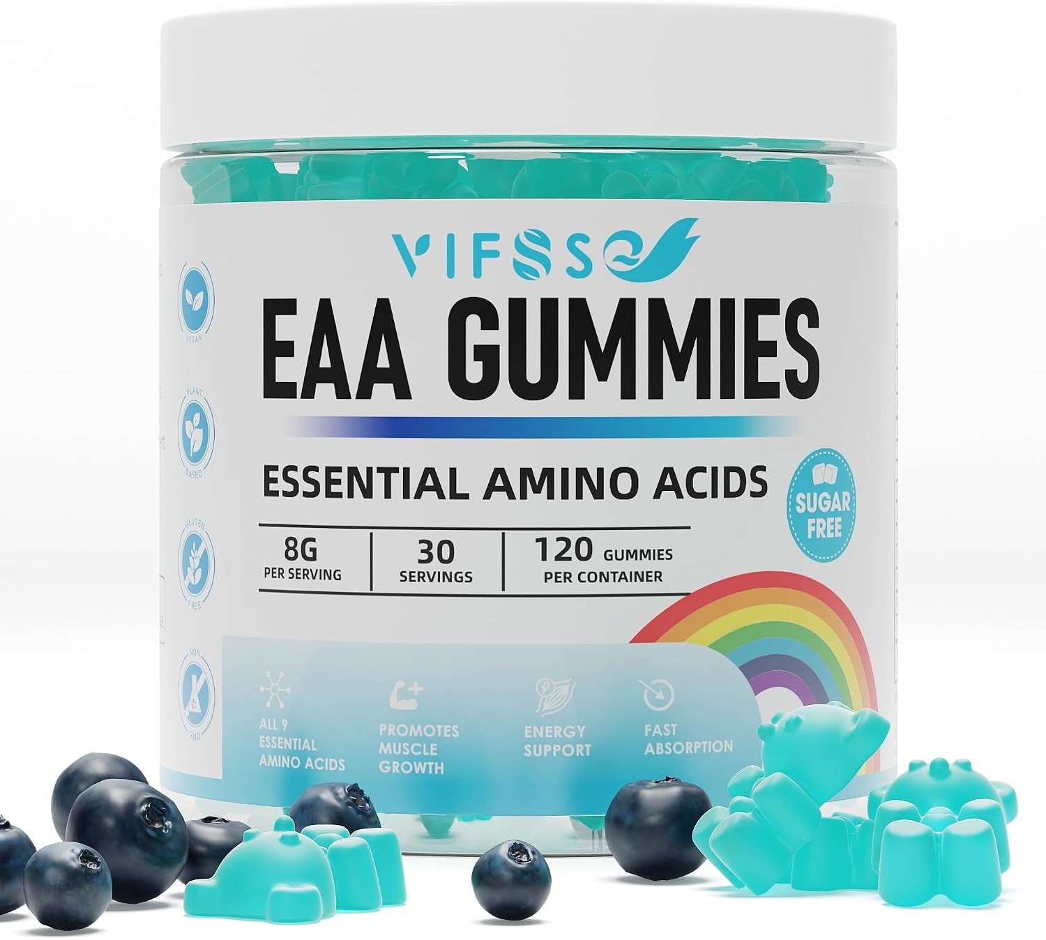 EAA Gummies 120 Gummies (Blue Raspberry), Essential Amino Acids - All 9 Essential Aminos (EAA) and All Branched-Chain Aminos (Bcaas), Non-Gmo, Gluten Free, Vegetarian Friendly