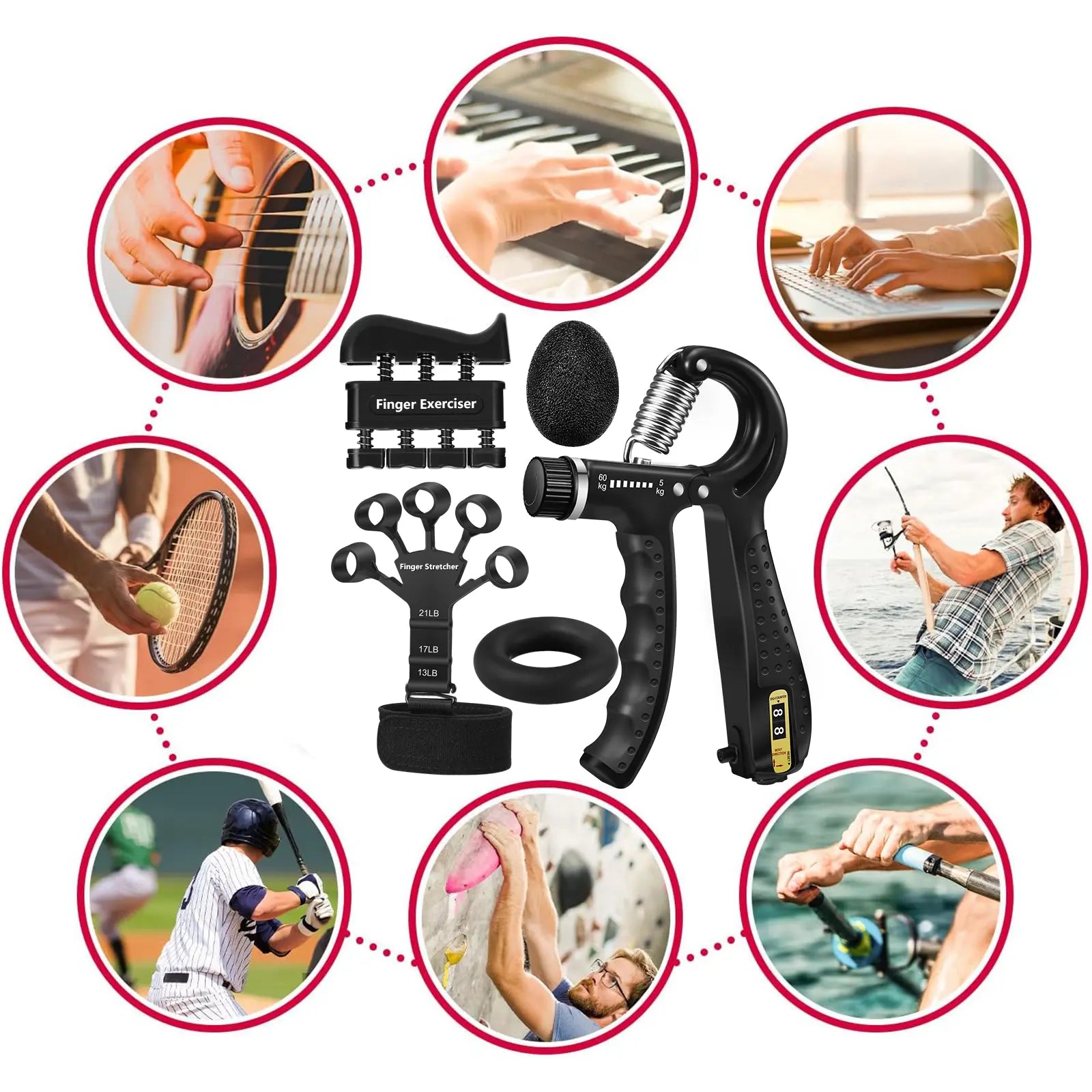 Grip Strength Trainer Kit 5 - Adjustable Hand Grip Strengthener (11-132 Lbs) and Finger Stretcher, Finger Exerciser, Forearm Workout Ring, Stress Ball, Gifts for Muscle Building & Injury Recovery Athletes & Musicians Forearm Strengthener Veins, Grip Stre