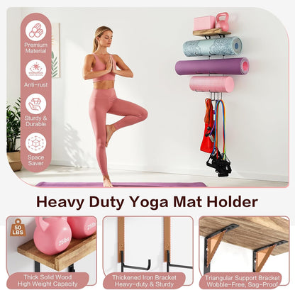 Yoga Mat Holder Accessories Wall Mount Organizer Storage Decor Foam Roller and Towel Storage Rack with 4 Hooks and Wooden Shelves Yoga Mats Rack Resistance Bands for Home Gym School Office