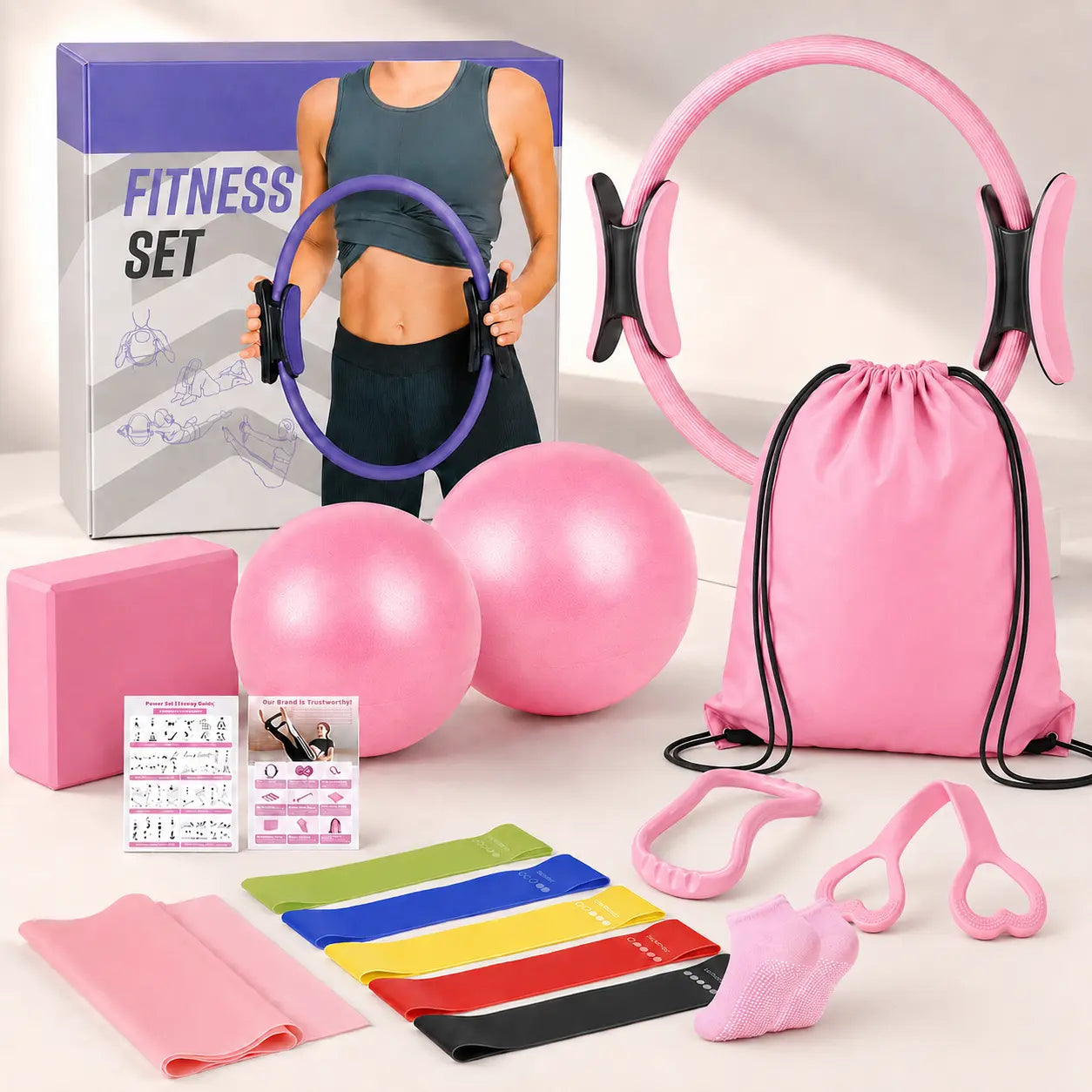 Women'S Pilates Ring Set - Equipment, at Gym Equipment, Pilates for Beginners Kit with Yoga Ball & Resistance Bands for Core Strength, Full Body Toning TPE Non-Slip Floor